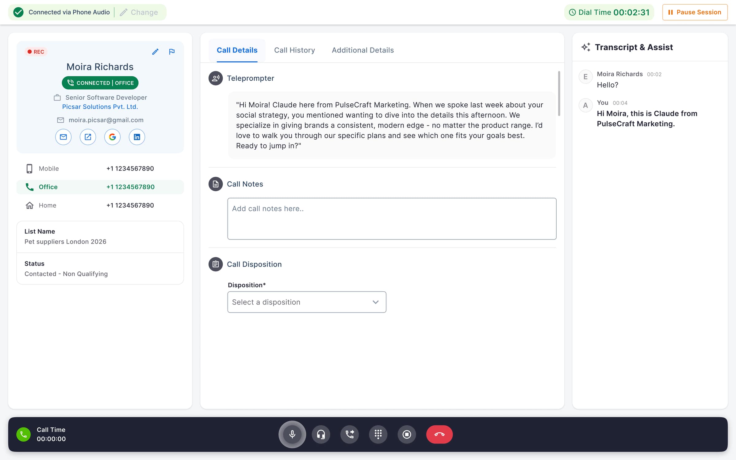 V1 (shipped), live transcript pinned to a right rail in light mode, turn-tagged so coaches can grade speakers without re-listening to the call.