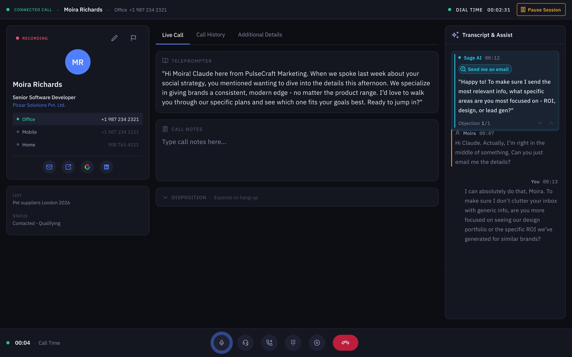 V2, same whisper-coach pattern with an explicit 'Send me an email' objection chip and 1/1 pagination so the rep can flip rebuttals without losing the conversation.