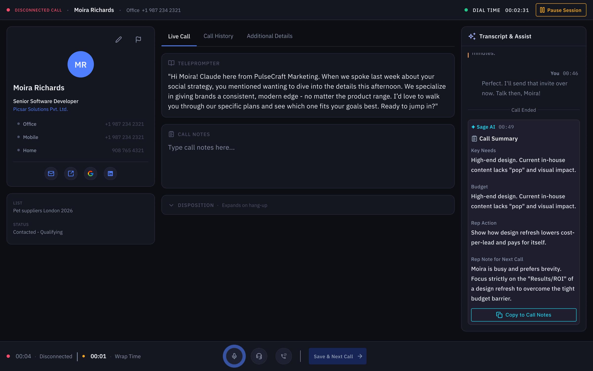 V2, structured summary schema (Key Needs · Budget · Rep Action · Note to Next Rep) that maps 1:1 to CRM fields, replacing prose with paste-ready blocks.