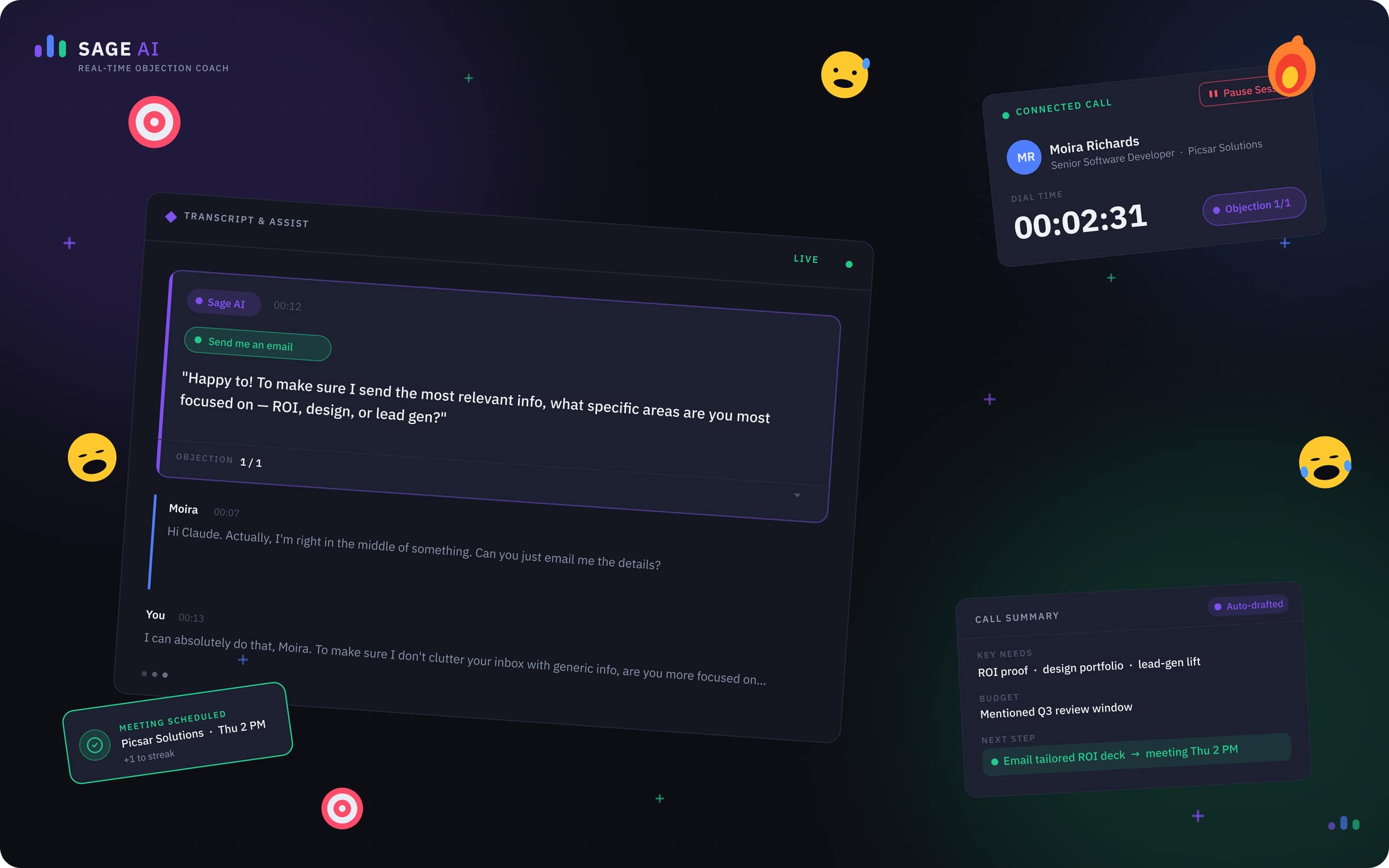 Sage AI, Sage AI V2, live workspace, dark-first, AI suggestion mid-call