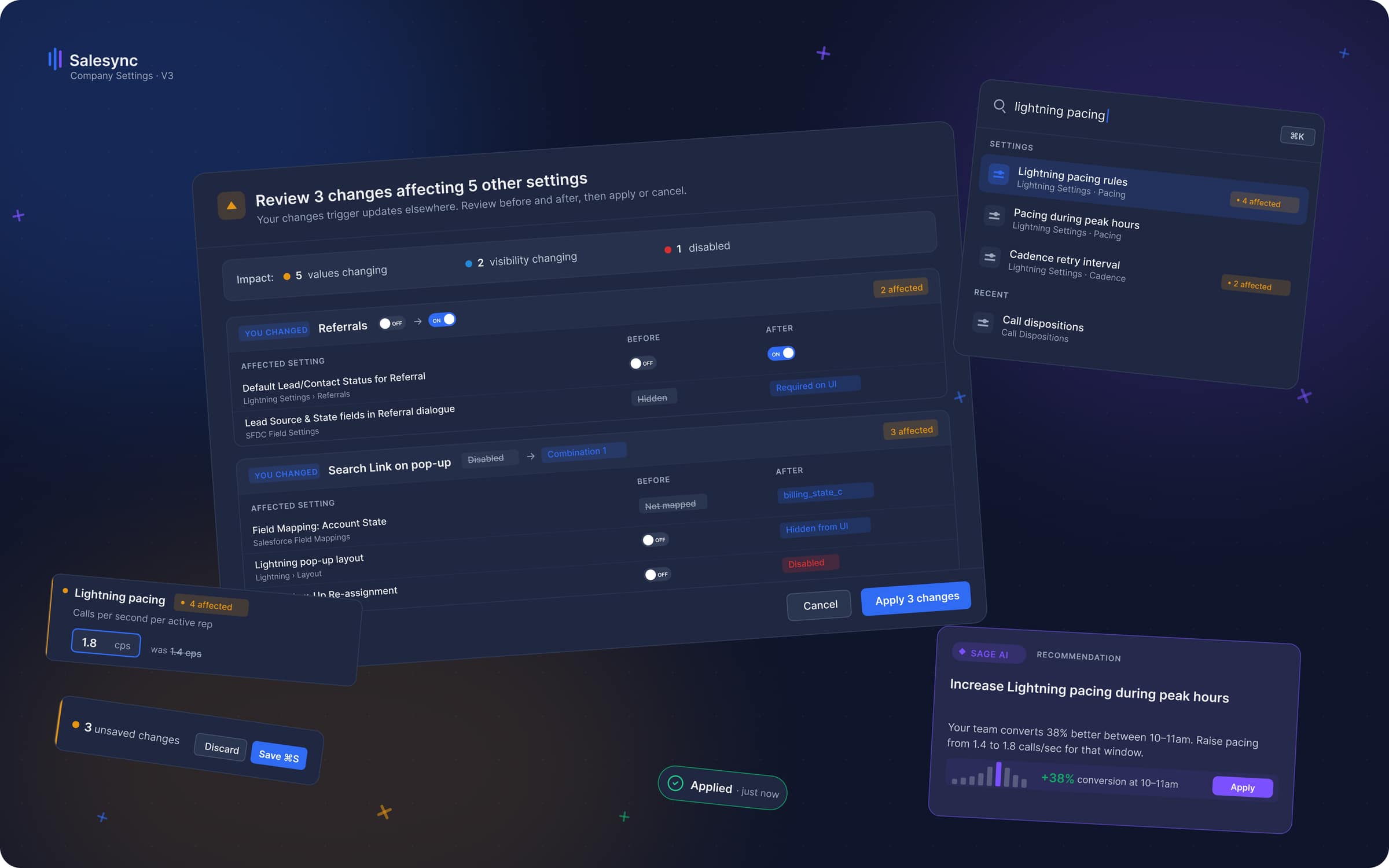 Settings Console, Settings V3, hub overview with SAGE AI recommendations panel