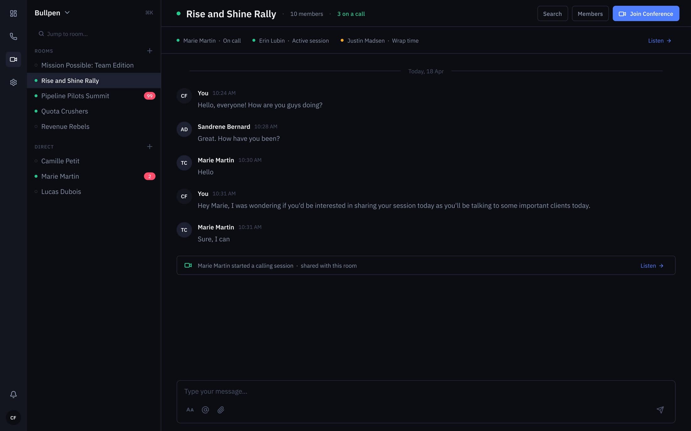 V3 team room, dark-first hub with live status pills (On call · Active session · Wrap time) replacing V2's flat presence dots.