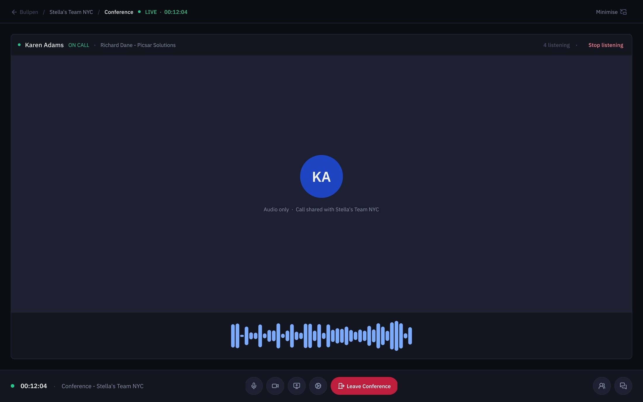 Audio-only listening view, waveform plus role context so coaches monitor without breaking the rep's focus.
