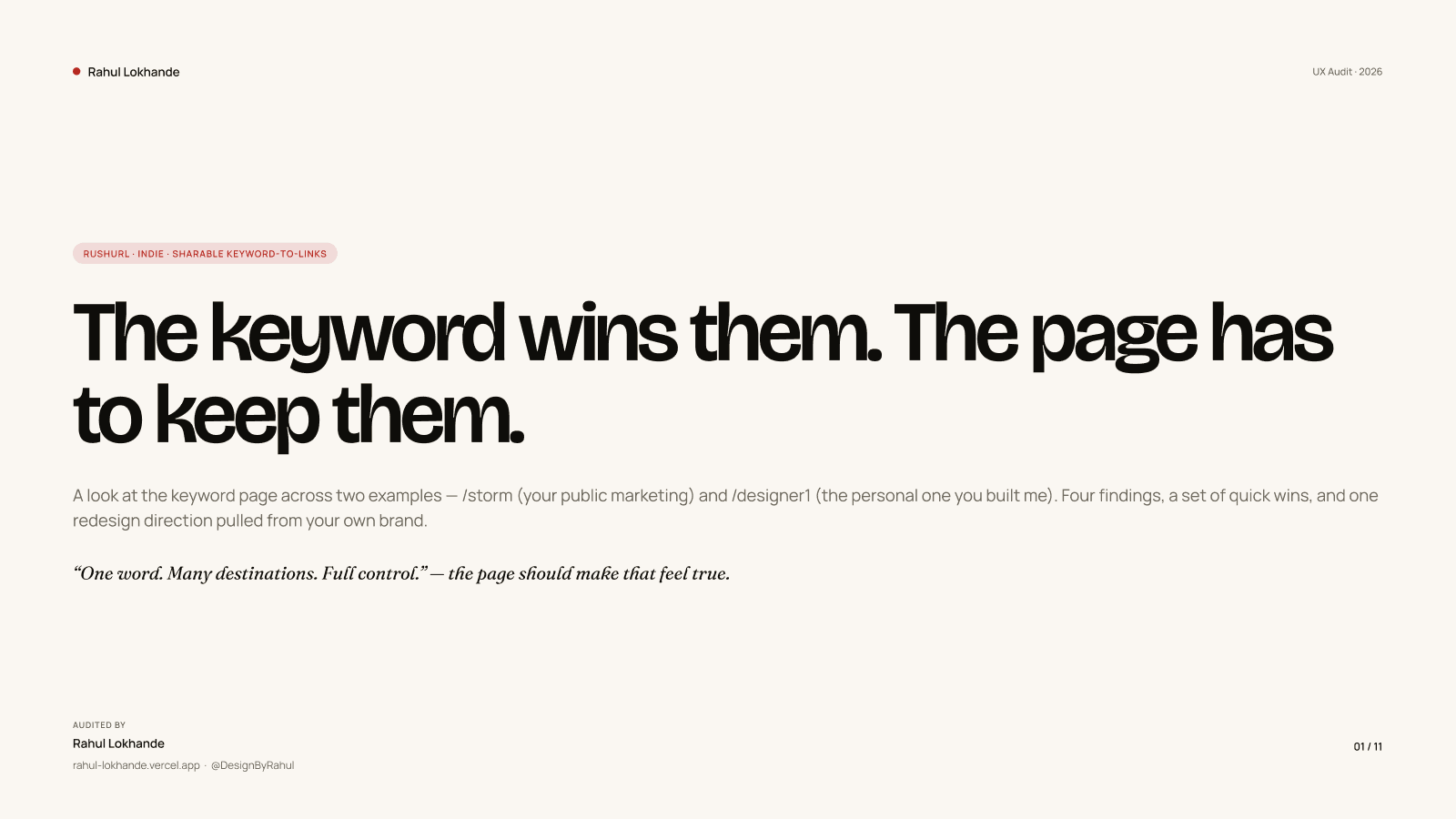 Audit cover, eyebrow pill (RUSHURL · INDIE · SHARABLE KEYWORD-TO-LINKS), display headline, one-paragraph lede, and the auditor block at the foot.