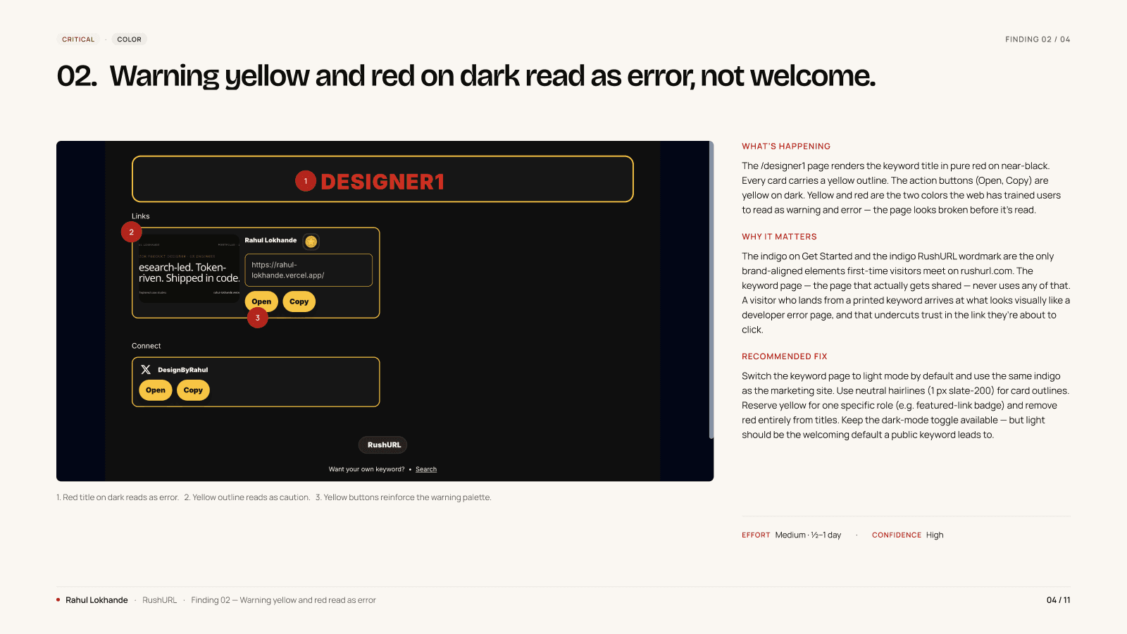 F02, Color. The keyword title rendered red on near-black, with yellow card outlines and yellow CTAs, a palette that reads as a warning state instead of a welcome.