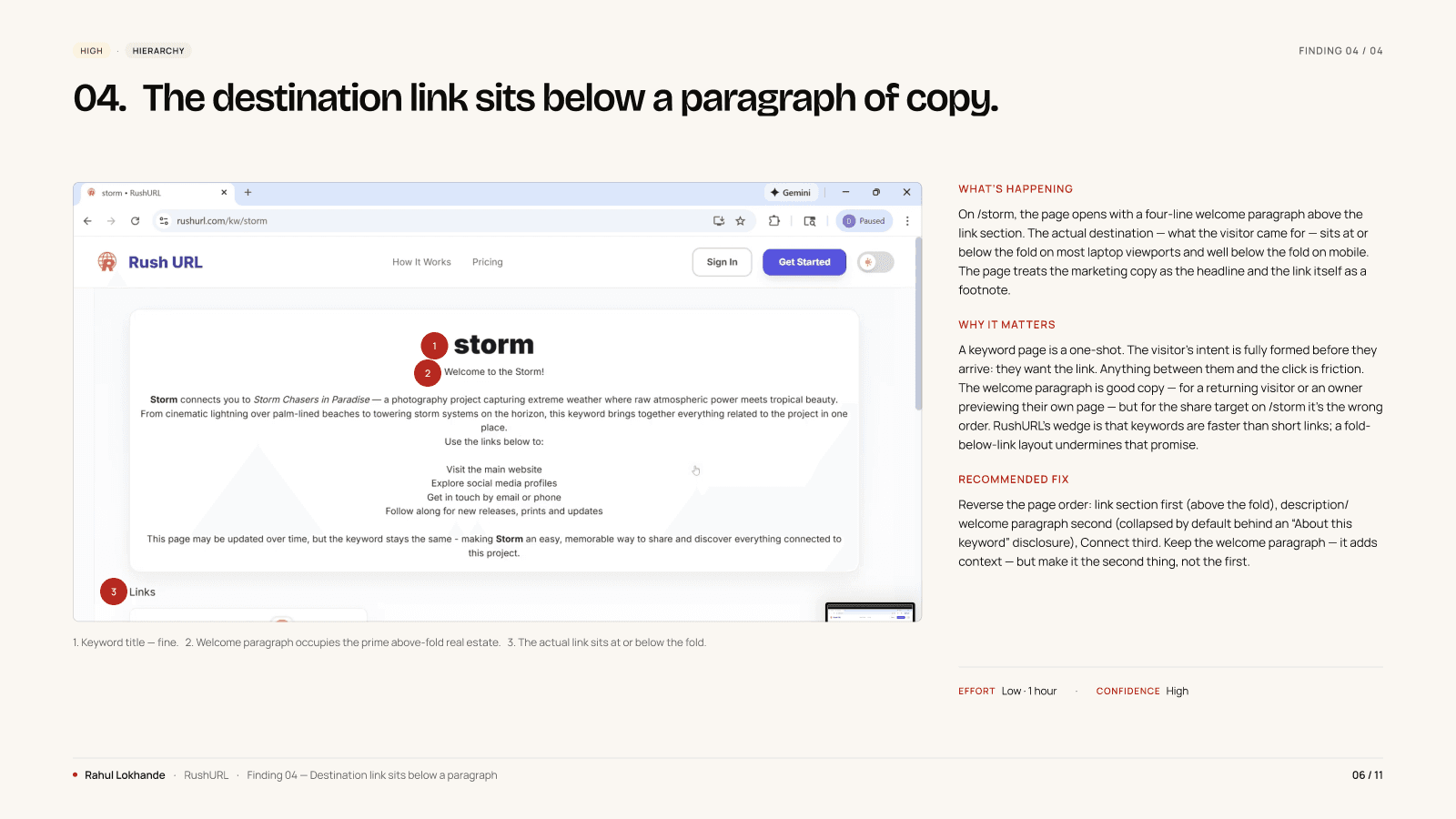 F04, Hierarchy. On /storm, the page opens with a four-line welcome paragraph. The keyword title and link card sit below it, sometimes below the fold on shorter viewports.