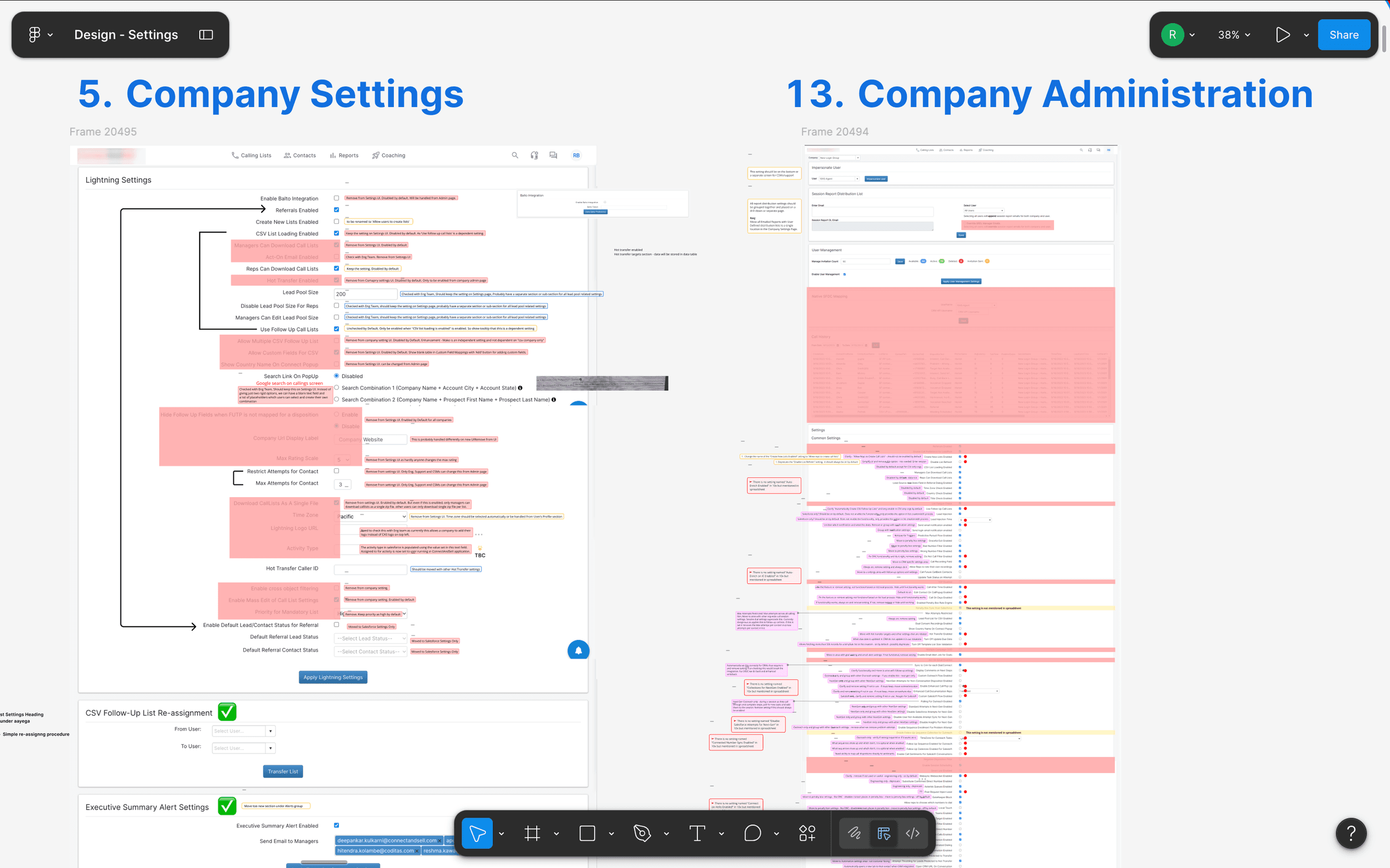 Annotated V1 audit, Company Settings and Company Administration exported as continuous screenshots, with every block marked keep / deprecate / hide / move.