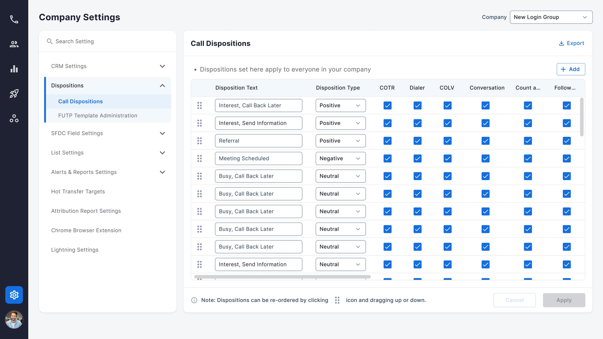 V2 dispositions, sidebar groups settings by subsystem (CRM, SFDC, List, Alerts); a cleaner shell, but still organized by the backend that produced each row.