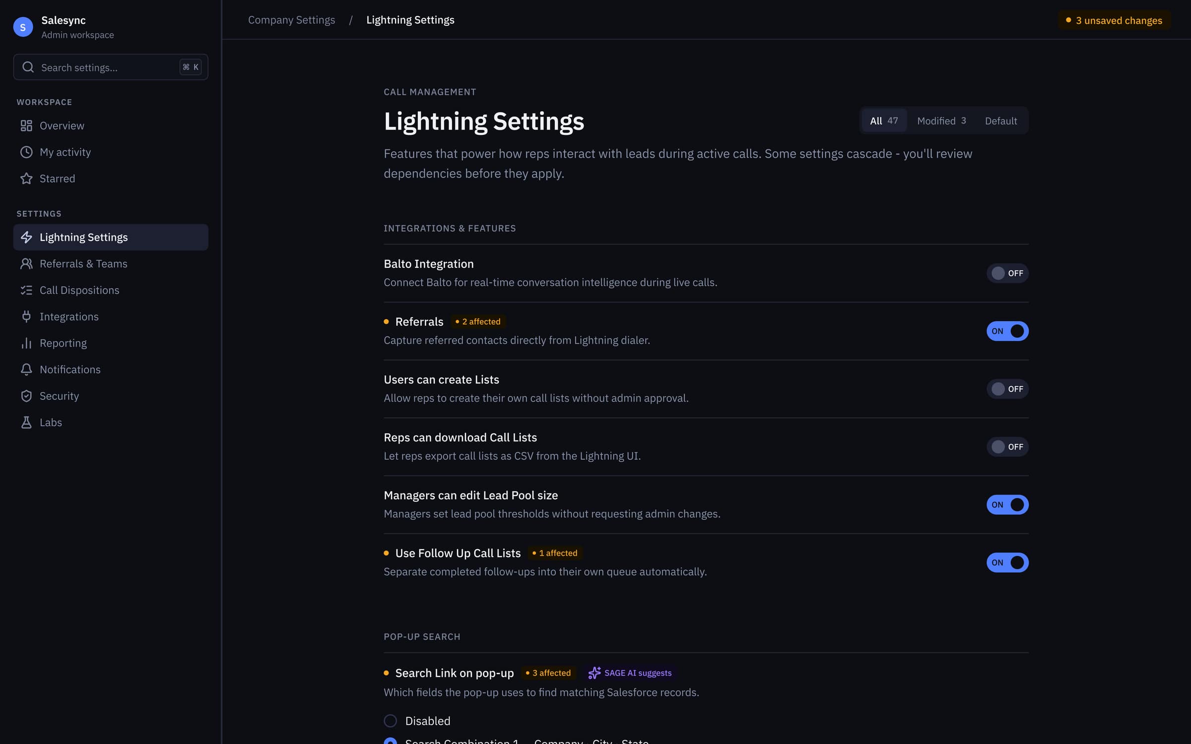 V3 Lightning Settings, every dependent toggle wears an 'N affected' chip, SAGE AI surfaces context-aware suggestions, and unsaved changes are counted in the header.