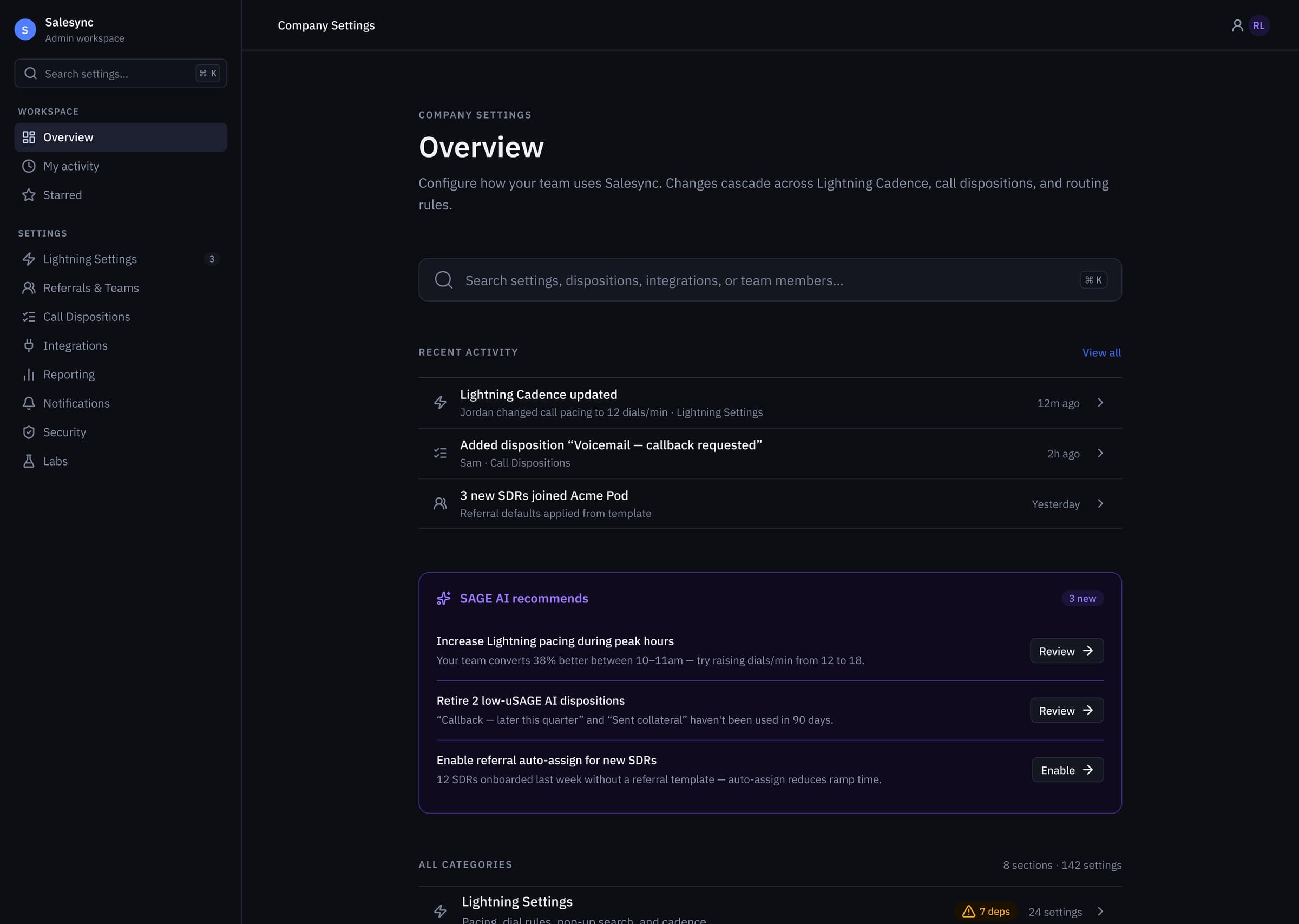 V3 Overview hub, global ⌘K search, recent activity, and a SAGE AI recommendations panel framing the 8 task categories and 142 settings underneath.