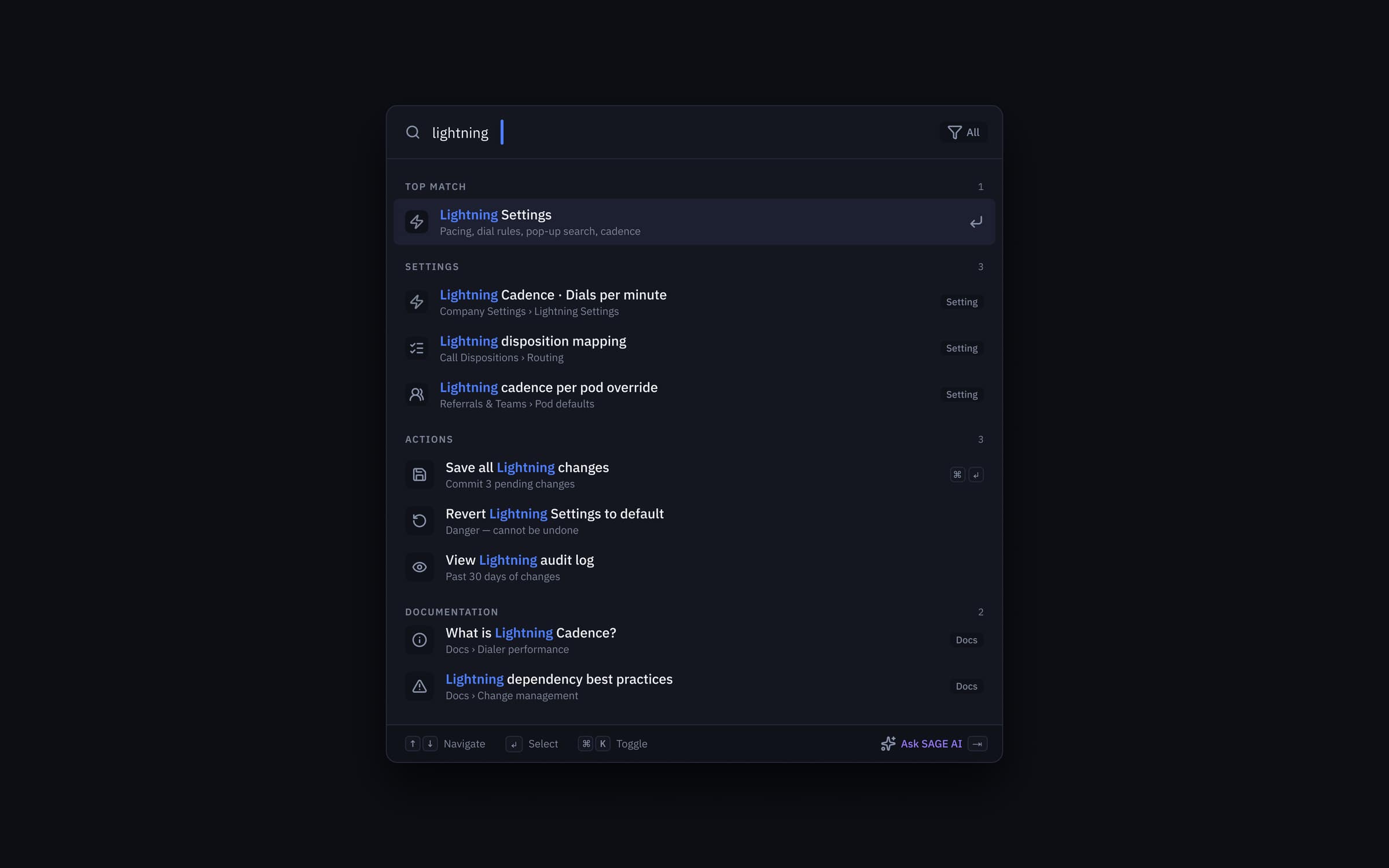 ⌘K command palette, typed intent collapses 8–22s of scroll-and-scan into under 2s, with grouped results across Settings, Actions, and Documentation plus an 'Ask SAGE AI' fallback.